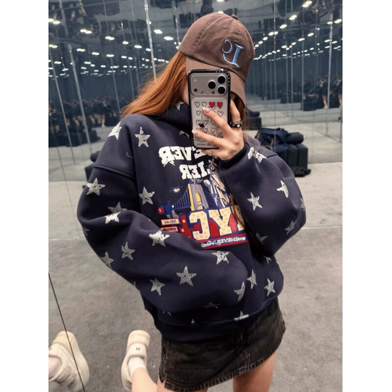 2025 New Autumn and Winter Ins Hot Vietnamese Niche Designer Super Thick Velvet Star Print Hooded Sweatshirt for Women