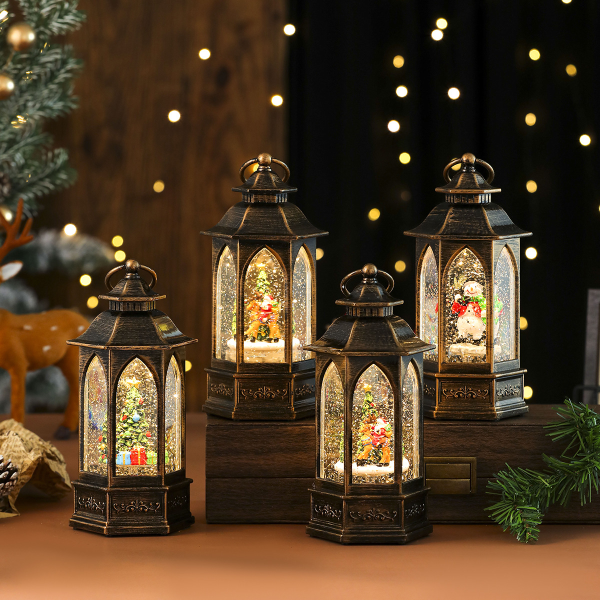 Nueva lámpara de aceite de inyección de agua hexagonal de nieve giratoria luminosa, decoración de caja de música, decoración de regalo de Navidad, linterna