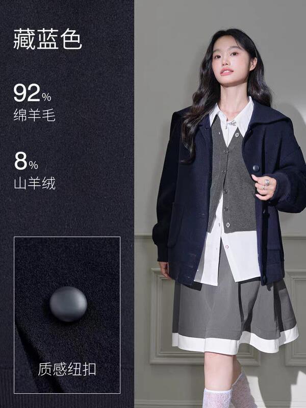 翻领斗篷羊毛短款呢子大衣女25秋冬季新款藏蓝色双面毛呢外套|undefined