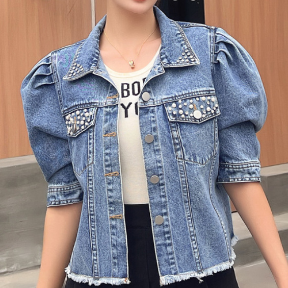 Women's Sweet European Style Denim Jacket with Beaded Pockets, Puff Sleeves, Raw Edges, and Rhinestone Embellishments