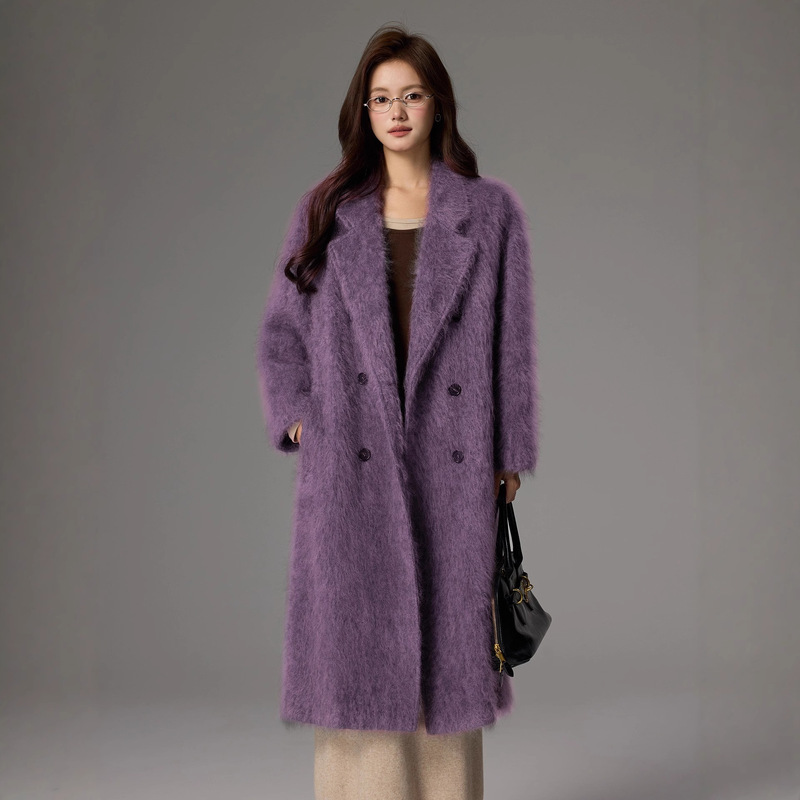 Light Luxury Soft Brushed 10% Cashmere Coat Women's Silhouette Double-Breasted White Loose Wool Mid-Length Coat