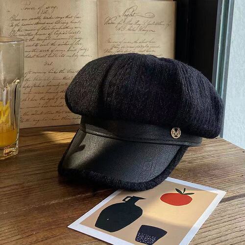 Duckbill Beanie Hat for Women - Winter Thicken Round Face Slimming Street Fashion Trendy Casual Retro Hong Kong Style British Octagonal Hat
