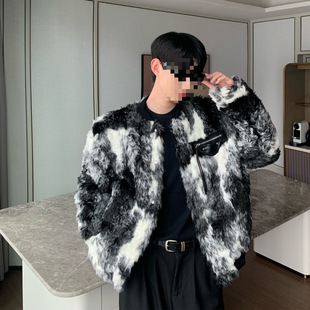 Trendy Cross-Border Tie-Dye Jacket for Men 2025 New Version Men's Fashion Warm Thickened Lamb Wool Fur Coat