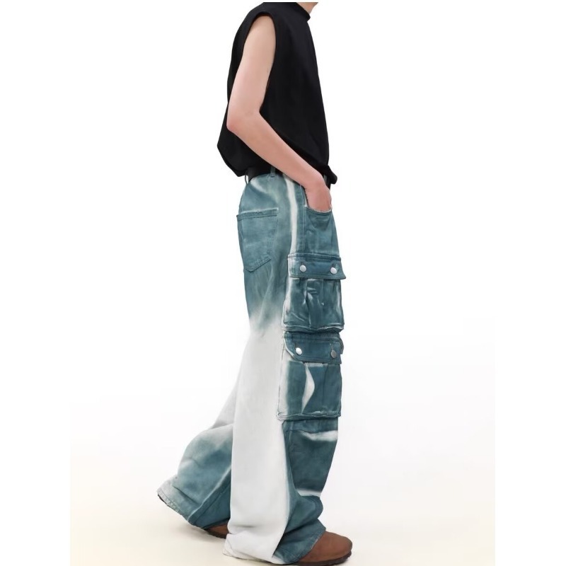 Men's Clothing Retro Washed Tie Dyed Vintage Washed Tie-Dye Gradient Multi-Pocket Cargo Pants For Men & Women - Wide Leg Distressed Denim Jeans_mkmklike.com