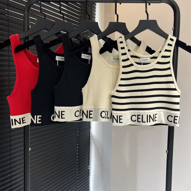Celine High-End Version Authentic Photos Spring/Summer Simple Striped U-Shaped Knitted Vest Short Style Celine High-End Version Authentic Photos Spring/Summer Simple Striped U-Shaped Knitted Vest Short Style