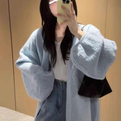 蓝色慵懒风针织开衫外套女2025新款韩系氛围感早秋穿搭中长款毛衣