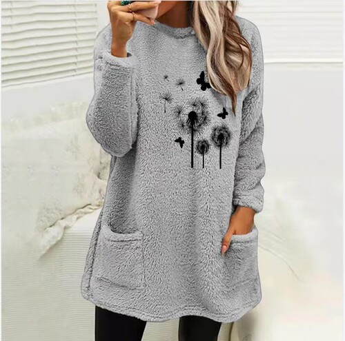 Autumn and winter European and American women's dress round neck loose long-sleeved pockets dandelion embossed double-sided velvet sweater for women