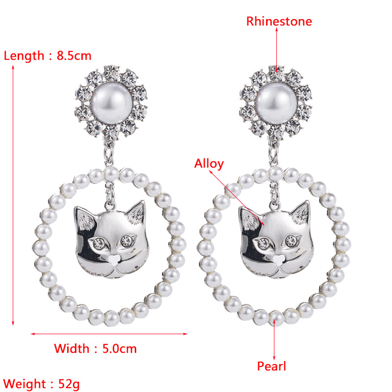 Fashion Shiny Alloy Rhinestone Cat Head Ring Pearl Trend Earrings display picture 1