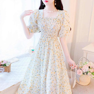 French Puff Sleeve Floral Square Neck Dress 2025 New Summer Style Elegant Waist Slimming Fairy Knee-Length Dress