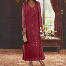 亚马逊速卖通独立站 外贸雪纺新娘妈妈装V领两件式雪纺裙宴会礼服