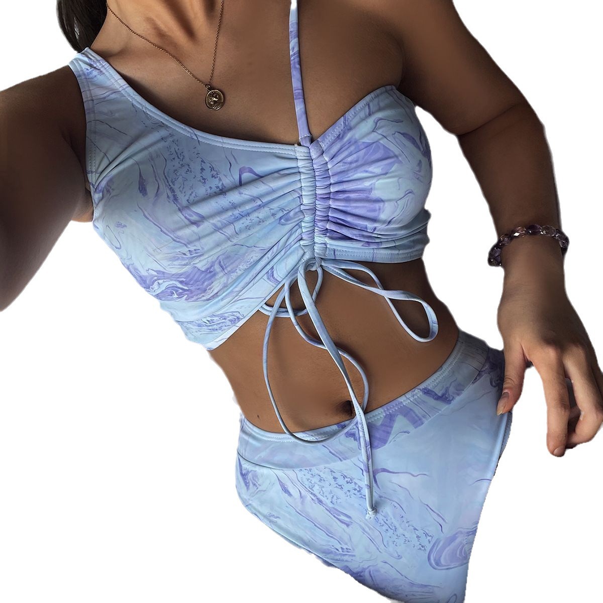 Europäischer und amerikanischer Außenhandel 2022 Blauer Batik-Bikini mit Kordelzug, sexy One-Shoulder-Badeanzug, auf Lager, 802_voghion.com