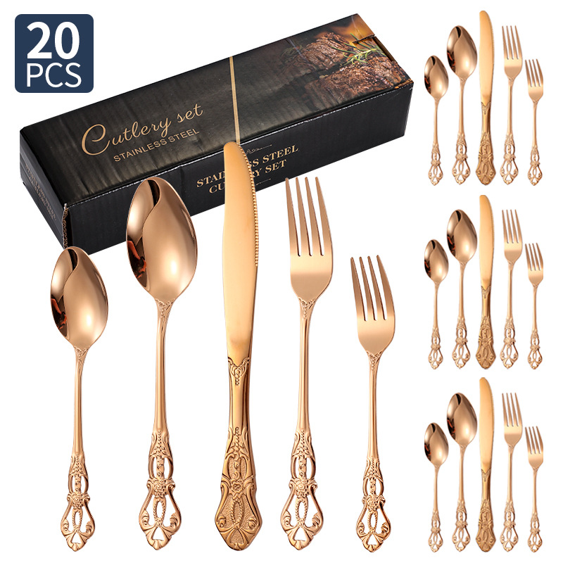 Amazon corte imperial cubiertos de acero inoxidable cuchillo y tenedor cucharas 20 / 24 / 30 piezas conjunto retro relieve cuchillo y tenedor de filete occidental