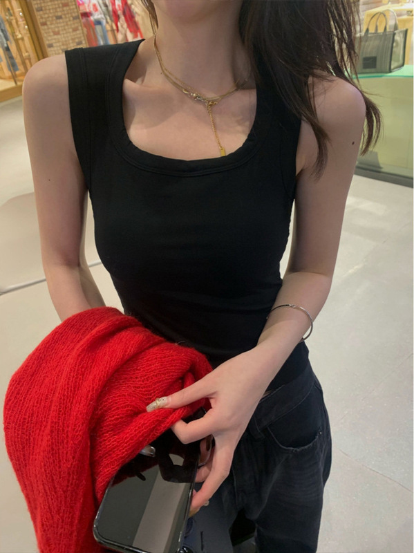 辣妹风螺纹背心女士夏季新款南油设计感新款U领无袖打底女装上衣|undefined