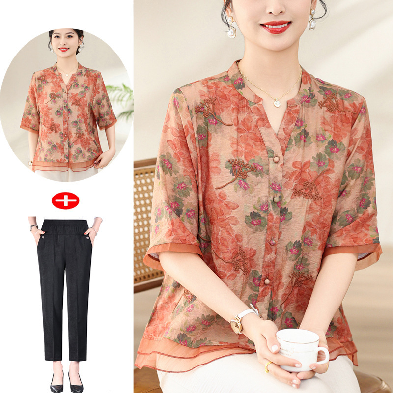 Mom's Summer Printed Blouse, Thin Shirt for Middle-Aged Women, 2026 New Style, Stylish Summer T-Shirt Set for Middle-Aged and Elderly Women