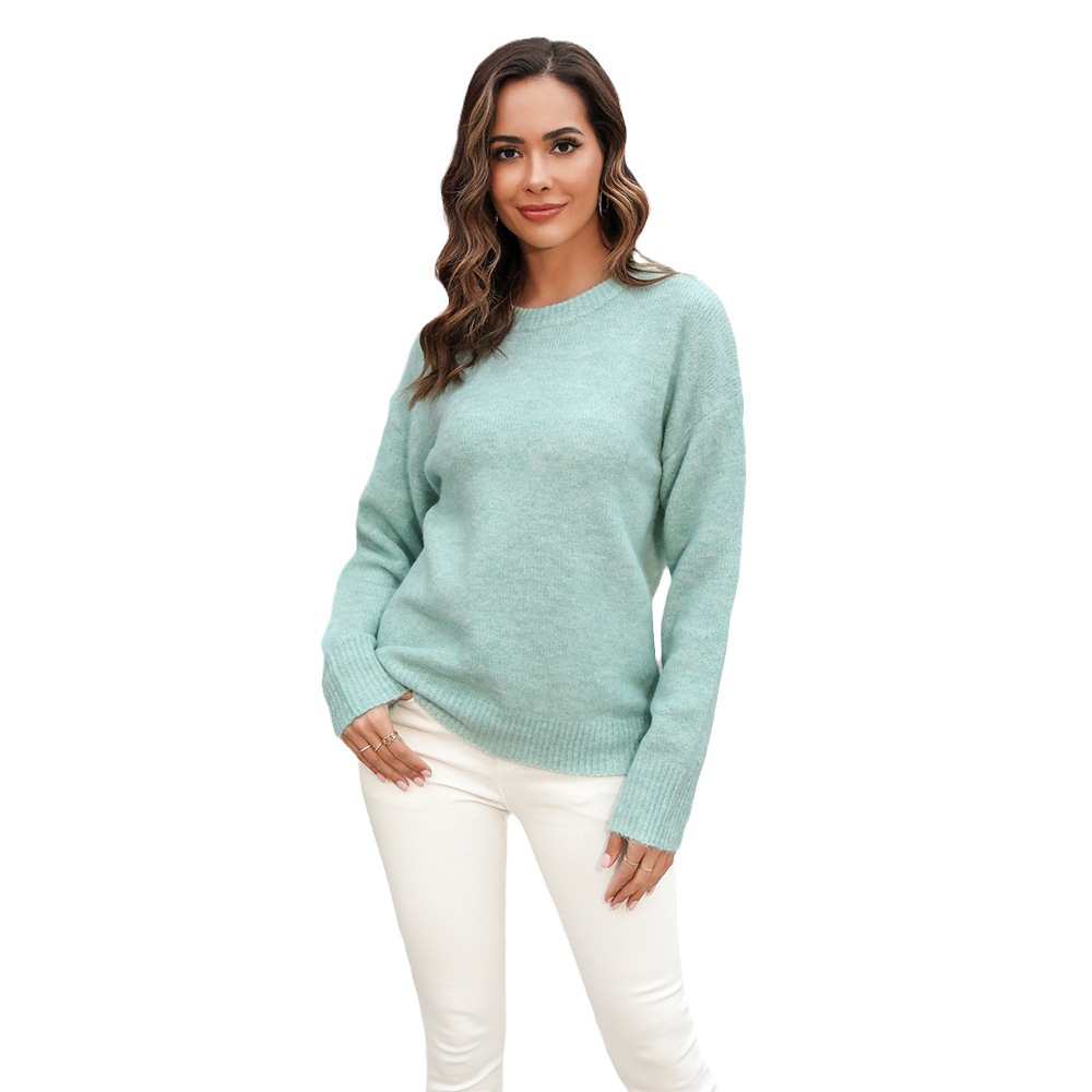 2023 otoño e invierno nuevo europeo y americano Comercio exterior transfronterizo simple suéter color sólido todo partido suéter camisa de fondo image 6
