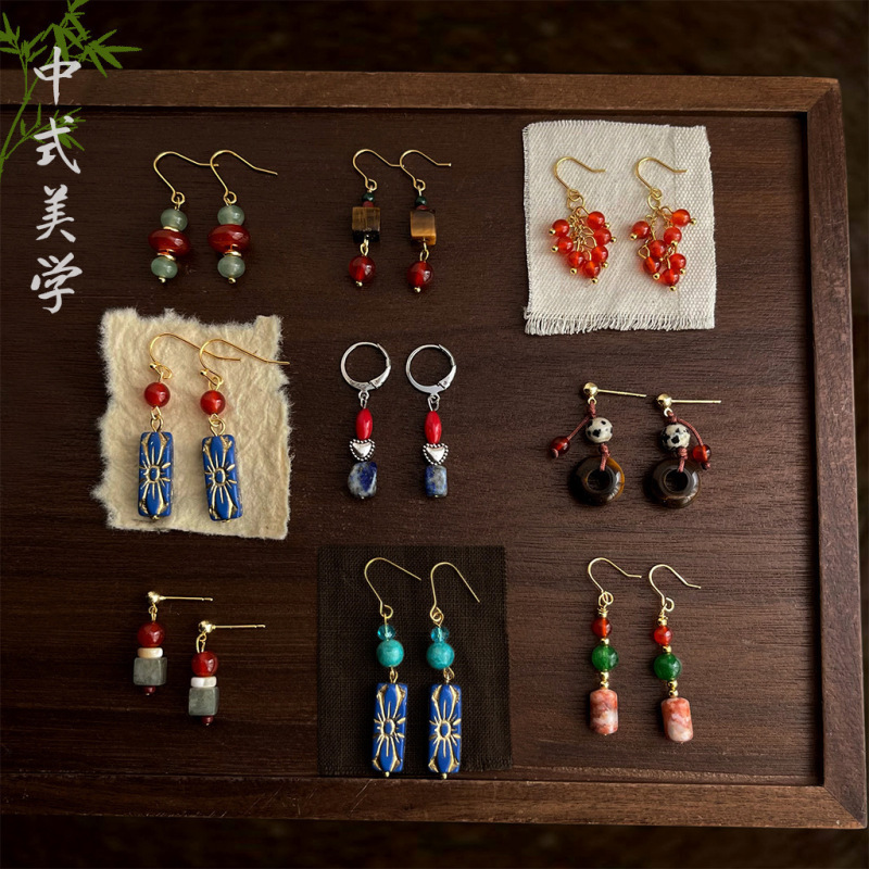 Chinese Style Earrings, New Chinese Style Geometric Tassel Earrings, Handmade Natural Stone Earrings, Chinese Style Han Dynasty Cheongsam Earrings, Earrings