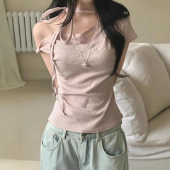 甜美少女撞色波点不对称露肩系带T恤女夏季韩系百搭修身斜肩上衣