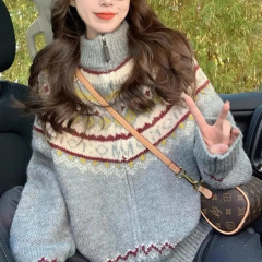 灰色立领费尔岛毛衣女秋冬季新款复古慵懒学院风拉链针织开衫