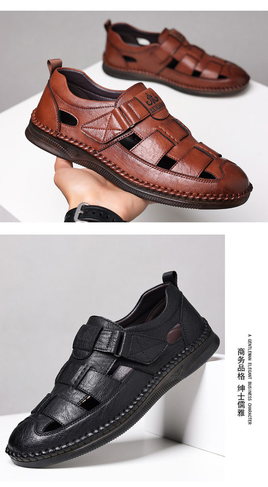 Dép sandal nam da cỡ lớn thiết kế khoét lỗ, khóa dán tiện lợi, form bít mũi — Nâu thời trang, Đen quyến rũ chi tiết 18