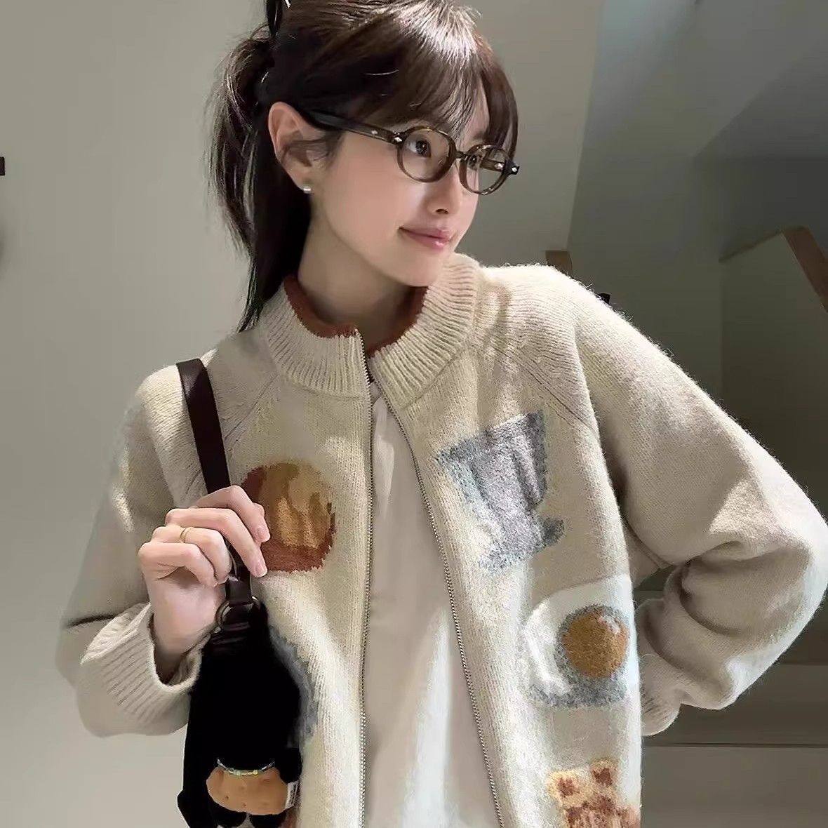 College Style Knitted Cardigan for Women, Autumn and Winter Miu Style Sweater Jacket, Korean Style Zipper Jacquard Loose Lazy Style Top