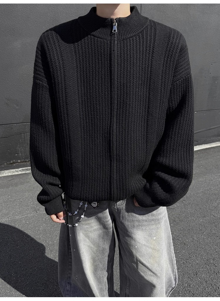 Men's Stand Collar Knit Cardigan Oversized Pullover Sweater_voghion.com
