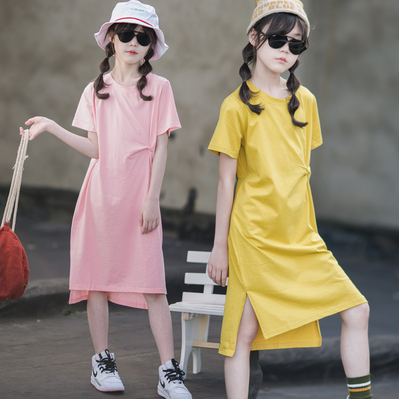 2024 vestido de verano para niñas, camiseta para niños de longitud media, falda larga, falda casual japonesa de algodón puro para niñas