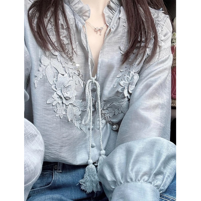 法式气质刺绣花朵设计感长袖衬衫女早秋宽松显瘦衬衣百搭上衣秋季|undefined
