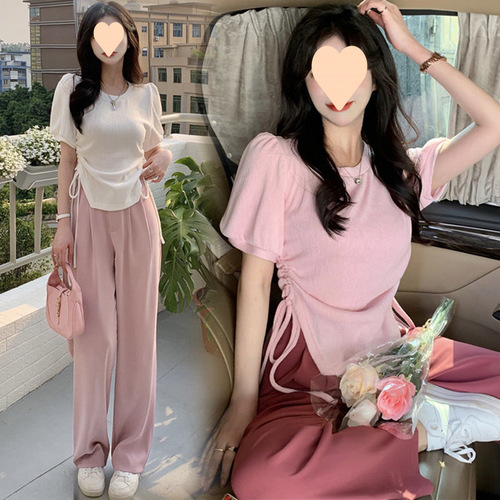 Summer Sporty Casual Set for Women, Hot Girl Style, Drawstring Top + High-Waisted Wide-Leg Pants, Versatile Student Two-Piece Set