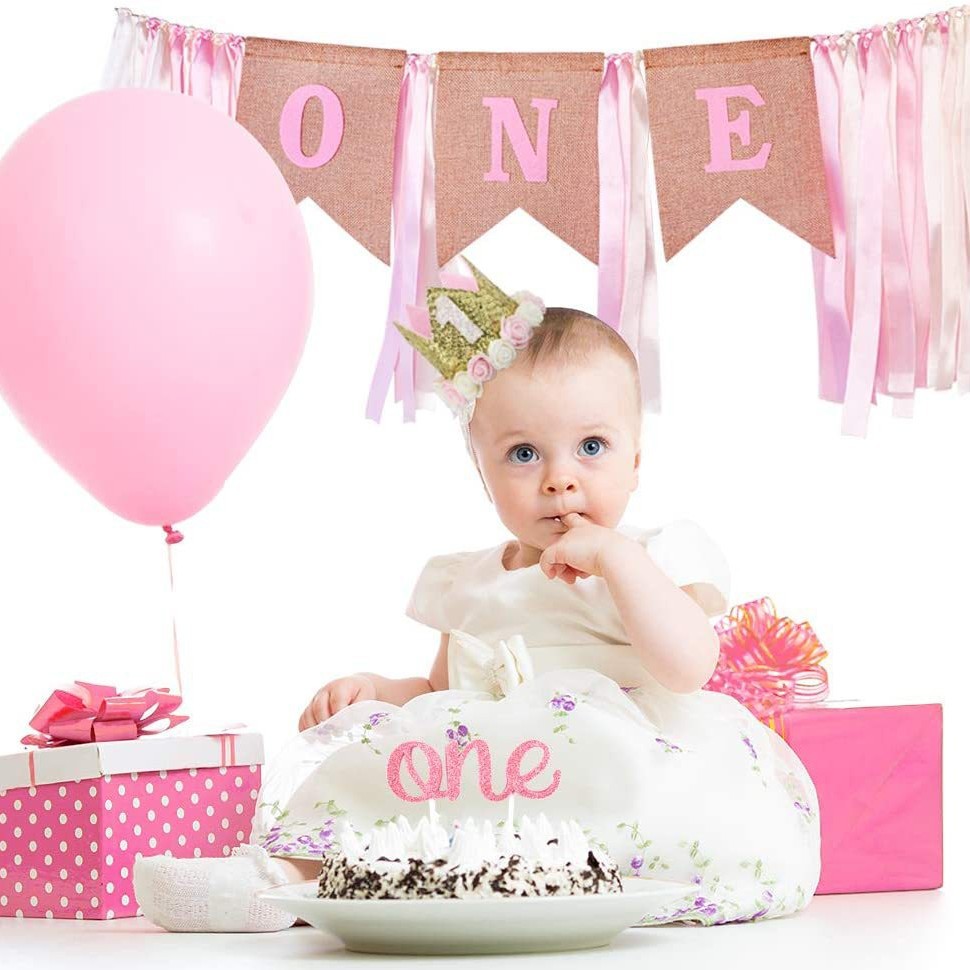 Girl's First Birthday Flag Crown Set Birthday Cake Insert Crown Tiara Venue Party Decoration Supplies