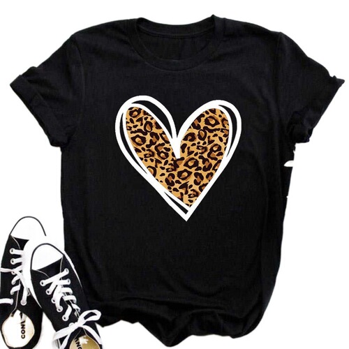 Cross-border large size loose fashionable new leopard print heart base shirt short-sleeved T-shirt for women