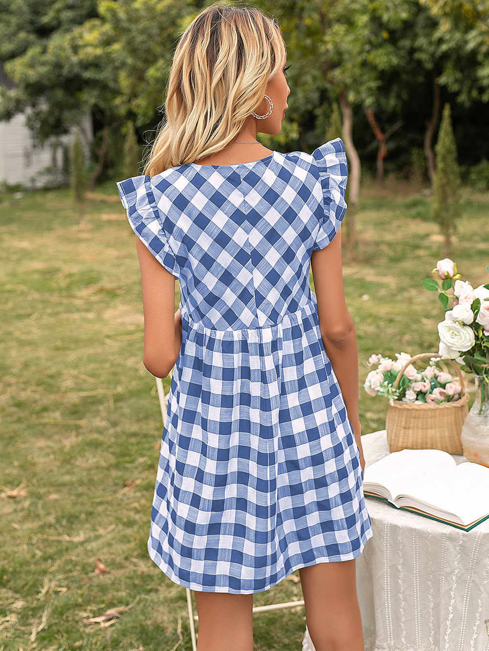 Summer Women Clothing Plaid Flying Sleeves V Neck Tight Waist Dress Women