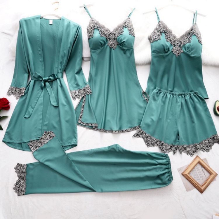 New European and American pajamas five-piece sexy underwear satin pajamas pajamas women's home clothes imitation silk pajamas
