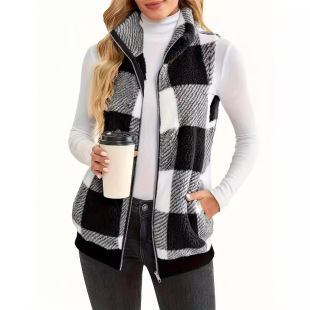 European and American Women's Vest 2024 New Amazon Plaid Plush Cardigan Vest Collar Sleeveless Women's Jacket