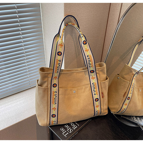 Cross-border canvas bag for women, large capacity, 2025 new style, popular versatile casual single-shoulder shopping bag, tote bag for college students