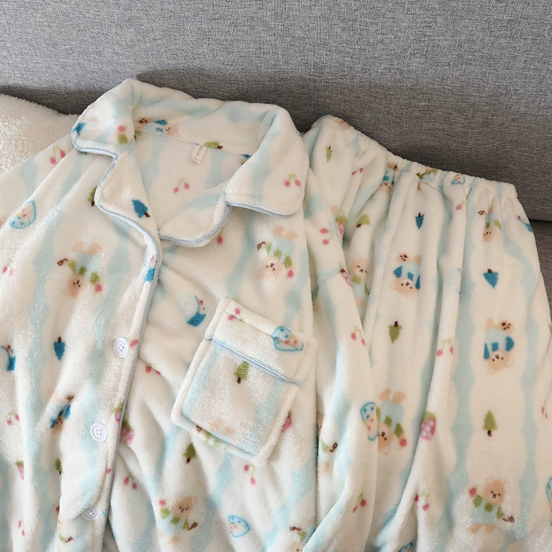 Теплый кардиган кораллового цвета с рисунком, пижама из бархатной фланели, длинный рукав, комплект