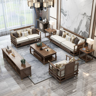 New Chinoiserie Ebony Solid Wood Sofa Combination Modern Zen Living Room Sofa Modern Minimalist Size Apartment Sofa
