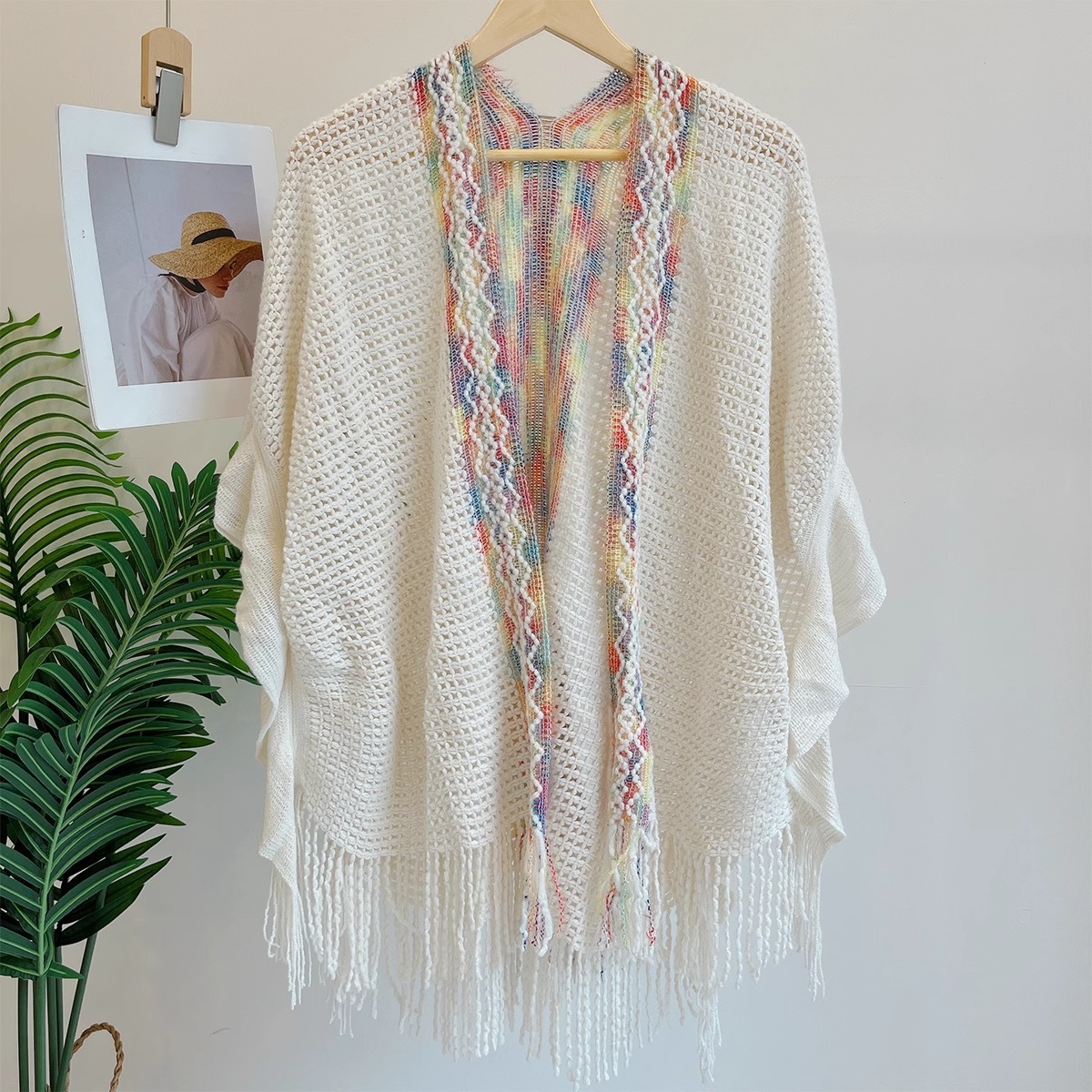 Nuevo chal de mujer, tiras de color, suéter de punto, foto de viaje, capa étnica de todo fósforo, capa de todo fósforo, viaje