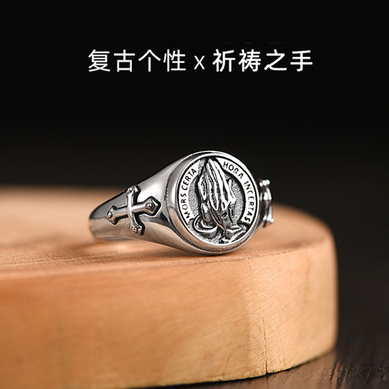 Vintage Prayer Hand Ring for Men Trendy Hip-Hop Style High Street Accessories Thai Silver Men's Single Ring Open Ring