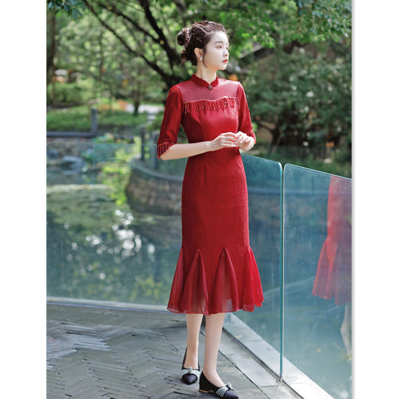 Lace long spring fashionable cheongsam for bride