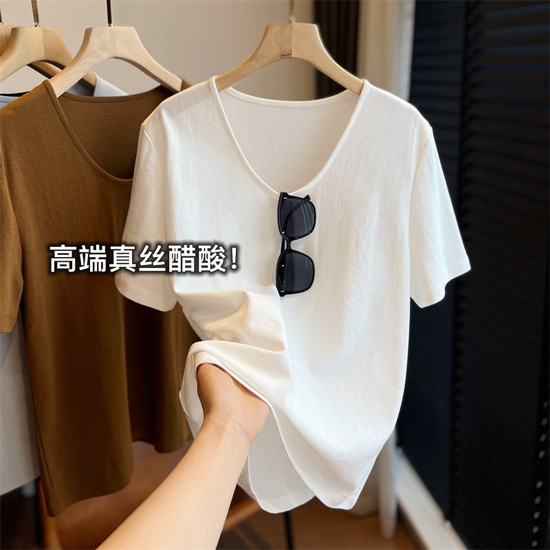 High-End Reputation Hot Item Silk Acetate Imported Fabric 3D Cut U-Neck Regular Shoulder Solid Color Short-Sleeve Women's T-Shirt Summer 2026 High-End Reputation Hot Item Silk Acetate Imported Fabric 3D Cut U-Neck Regular Shoulder Solid Color Short-Sleeve Women's T-Shirt Summer 2026