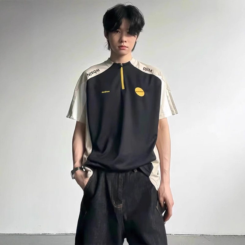 Half-Zip Contrasting Color Splicing Jersey Short-Sleeved Men's Summer Cool Quick-Drying American T-Shirt Outdoor Sports Cycling Jersey