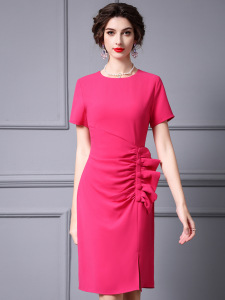 Hip wrap skirt spring/summer rose red pleated waist cinched lace decorative dress