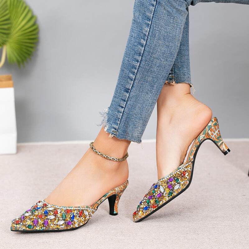 7cm High-Heeled Pointed-Toe Floral Sandals with Shallow Toe, Slip-On, Large Size, Rhinestone Bride Wedding Sandals