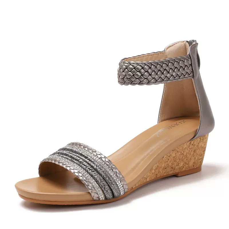 坡跟一字带编织罗马鞋夏季新款跨境亚马逊后拉链波西米亚度假凉鞋
