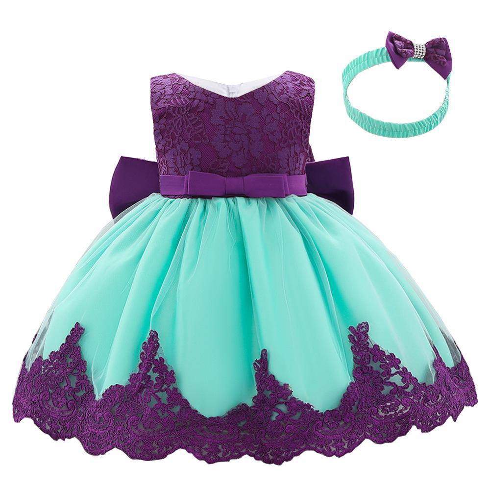 Vestido de bebé Amazon con lazo grande, vestido de novia de encaje, vestido de princesa, regalo para bebé de un año, diadema, superventas transfronterizo.
