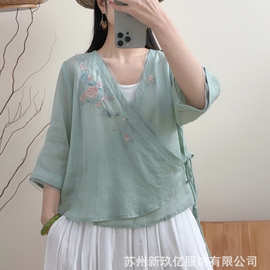 2026夏季苎麻绣花斜襟扇形系带中袖上衣女中国风复古禅意衬衫茶服
