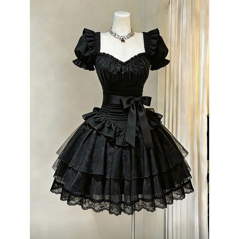 Love Song under the Moon: New Summer Gothic Dark Style Elegant Lady Short-Sleeve Waist-Cinching Slimming Puffy Dress