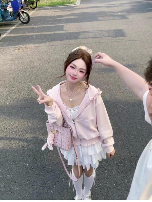 纯欲甜美风木耳边卫衣拉链开衫外套女秋季设计感打揽短款宽松上衣|undefined