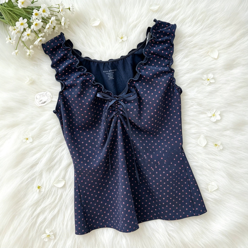 Bowknot Polka Dot Vest, Slim Fit Lace Slimming Camisole, Sleeveless Color-Block Top, Ruffled Edge Pure Desire Hot Girl Vest Bowknot Polka Dot Vest, Slim Fit Lace Slimming Camisole, Sleeveless Color-Block Top, Ruffled Edge Pure Desire Hot Girl Vest