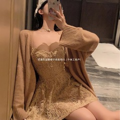 纯欲风辣妹时尚套装女秋装中长款针织开衫绝美复古吊带裙两件套潮
